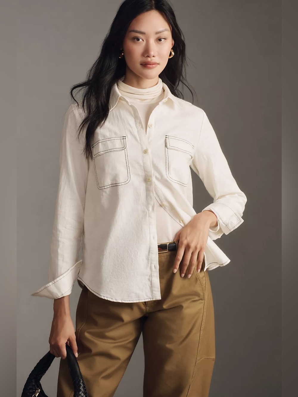 Maeve Contrast-Stitch Linen Buttondown Shirt